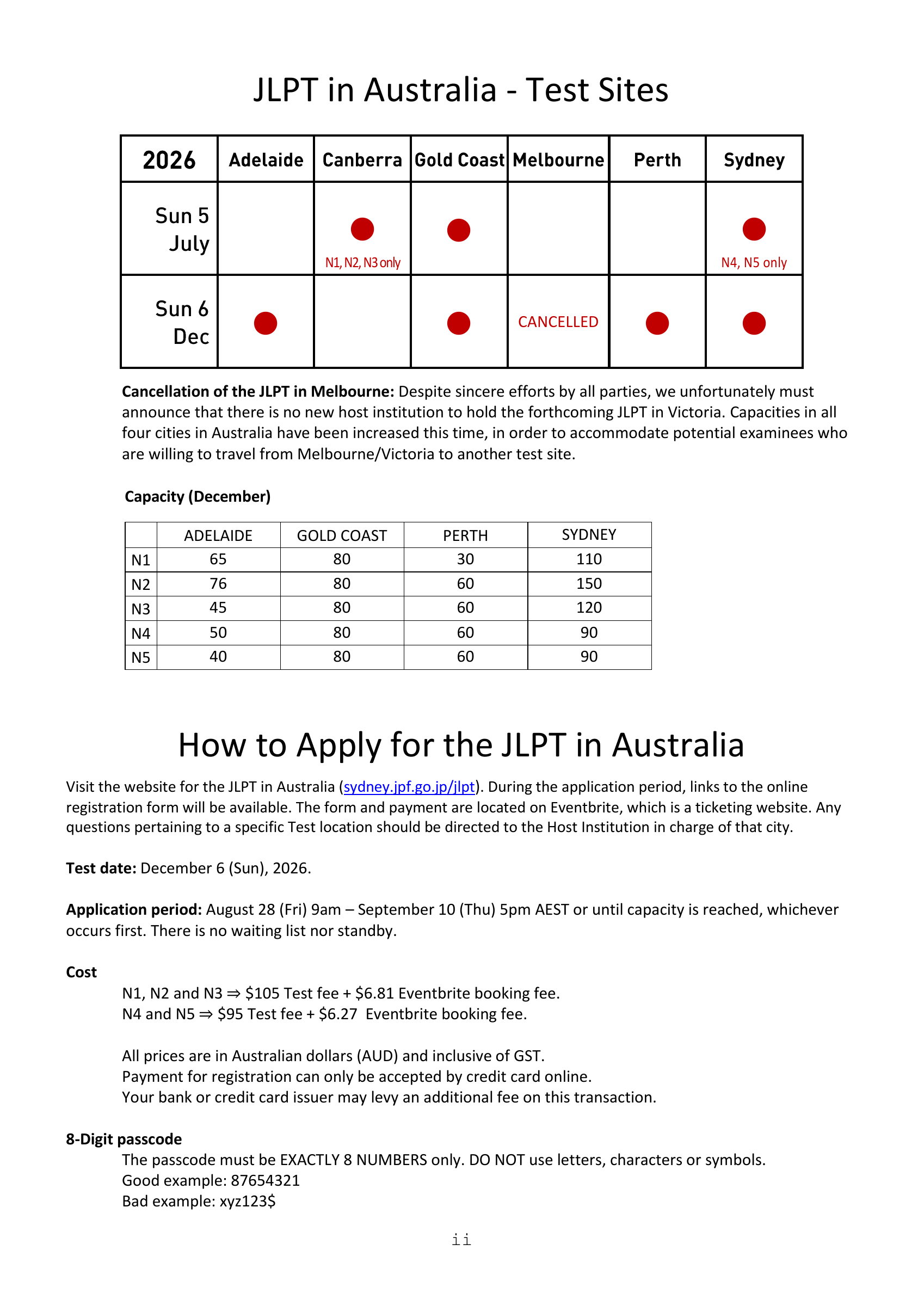 Official Australian JLPT guide with December 2026 cities, application dates and fees