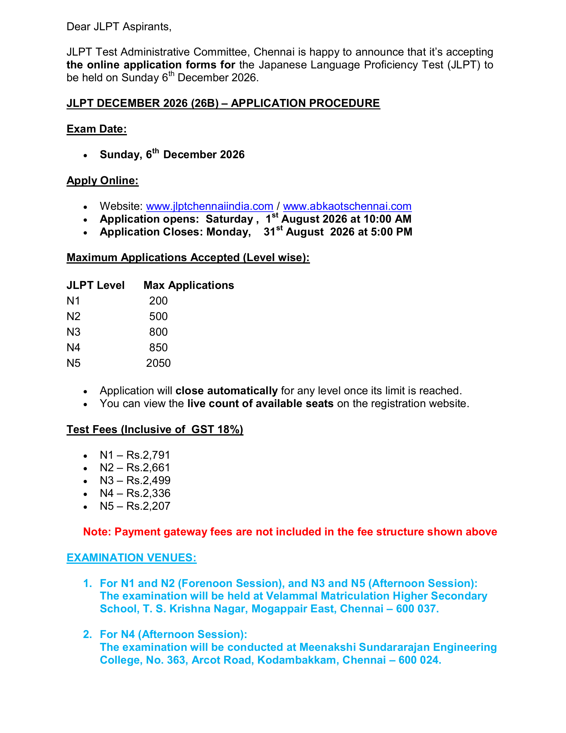 Chennai December 2026 application procedure with August dates and level-specific fees