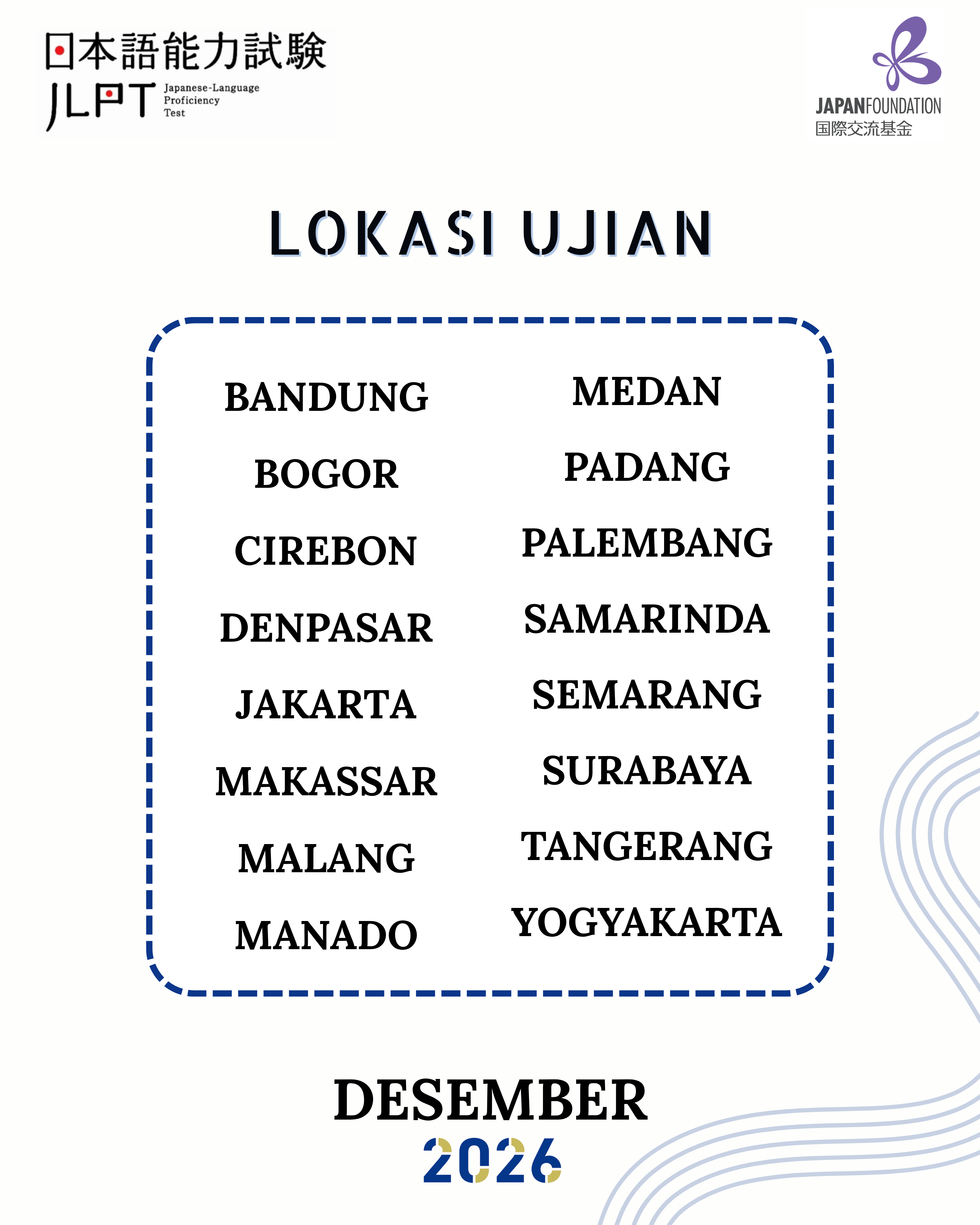 Daftar resmi kota penyelenggara JLPT Desember 2026 di Indonesia