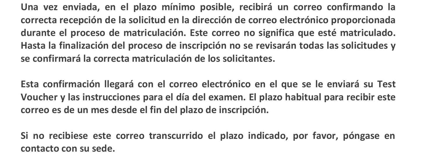 Instrucciones oficiales que distinguen la recepción de la solicitud y la confirmación con Test Voucher