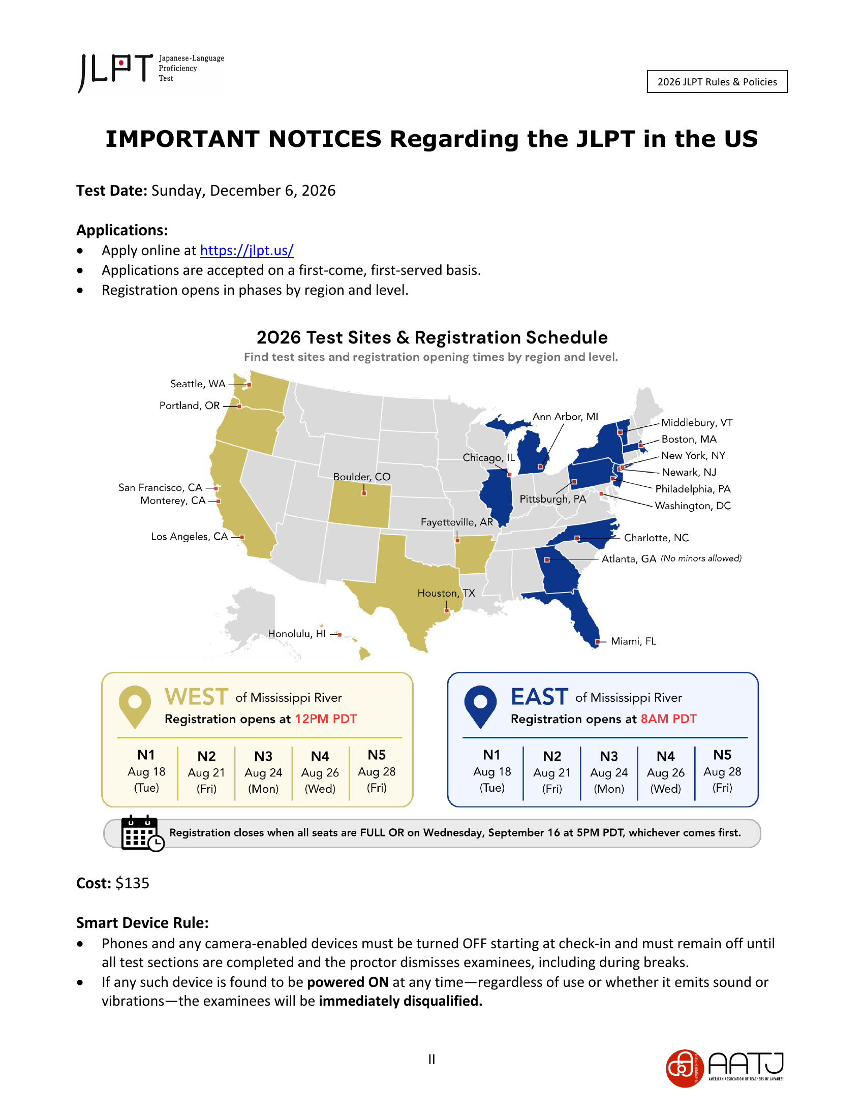 AATJ 2026 US guide showing December 6, online applications, phased registration and the US$135 fee
